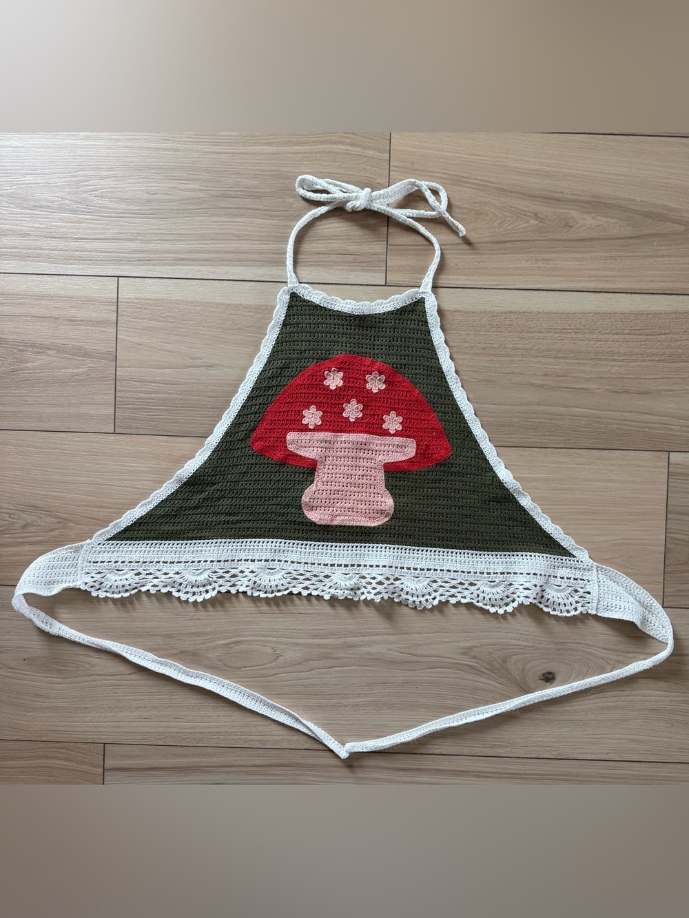 Crochet Mushroom Halter Top in Olive Green, Red & Pink